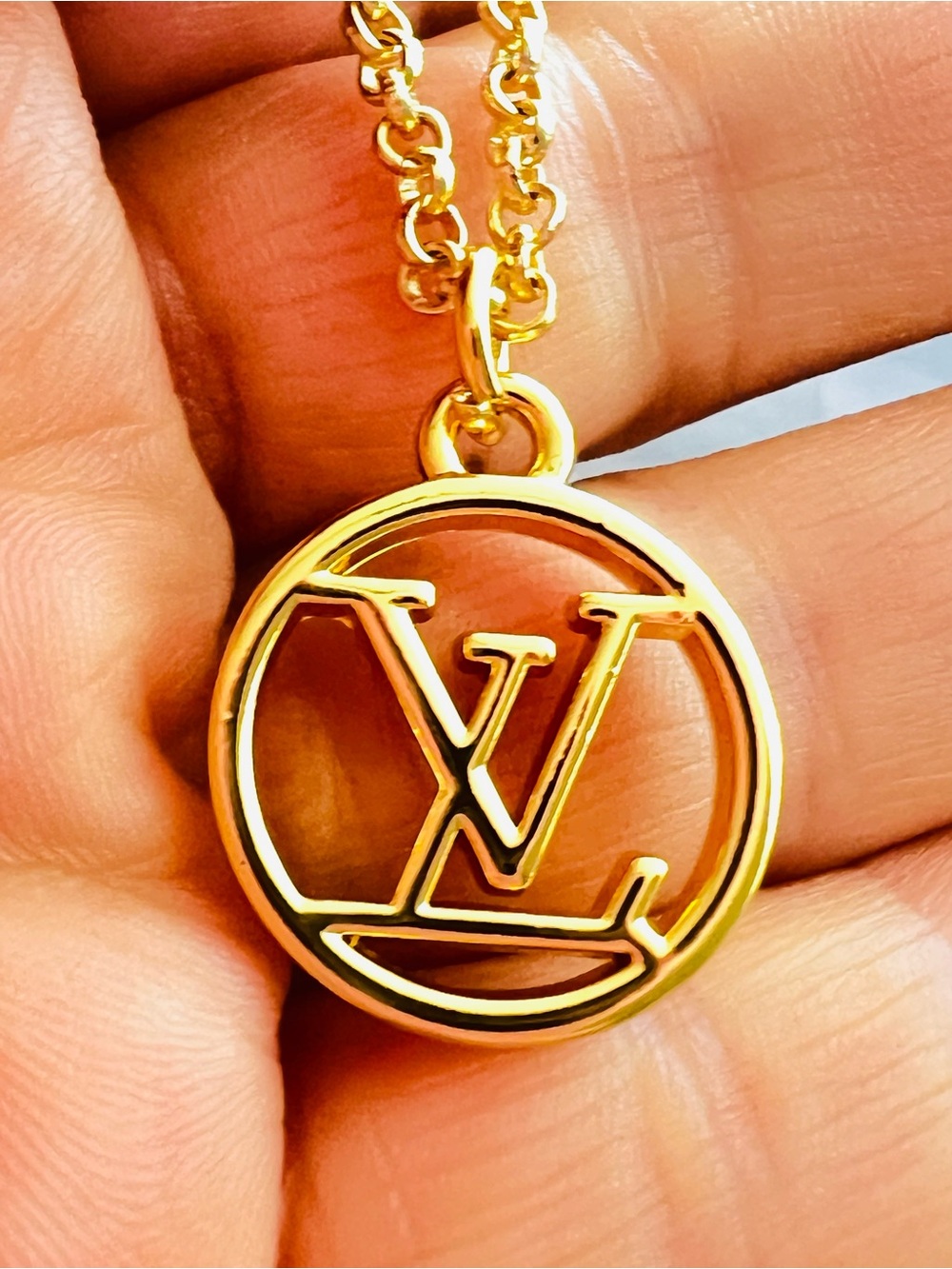 Unbranded Upcycled Fashion Gold Round LV Logo Pendant Necklace